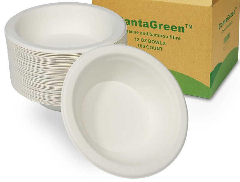 CantaGreen 12 OZ Compostable Bowls,100 Count Heavyduty Sugarcane/Bagasse and Bamboo Fibre Biodegradable Disposable Paper Bowls - Image 1